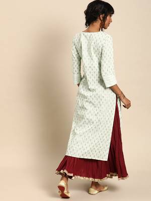 Mint White Khari Print Gathered Kurta 3