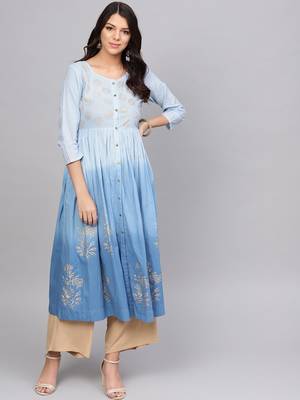 Blue Block Print Dyed A Line Kurta 1