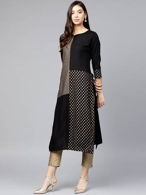 Black & Golden Printed Straight Kurta 2