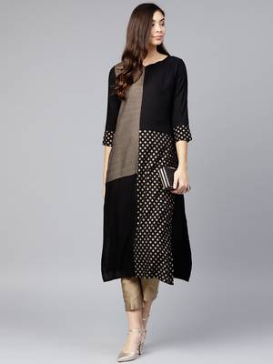 Black & Golden Printed Straight Kurta 3
