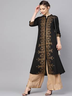Black & Golden Foil Printed A Line Kurta 1