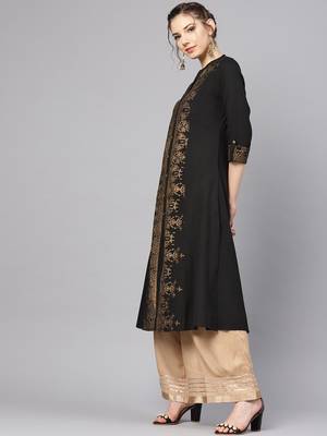 Black & Golden Foil Printed A Line Kurta 2
