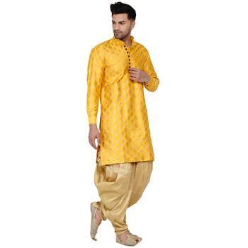 men's yellow and golden banarasi silk dhoti kurta 2