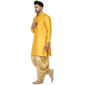 men's yellow and golden banarasi silk dhoti kurta 3