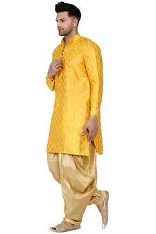 men's yellow and golden banarasi silk dhoti kurta