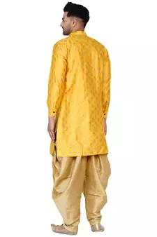 men's yellow and golden banarasi silk dhoti kurta