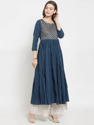 Women Teal Blue Yoke Design A Line Kurta 1