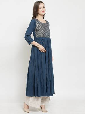 Women Teal Blue Yoke Design A Line Kurta 2