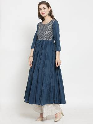 Women Teal Blue Yoke Design A Line Kurta 3