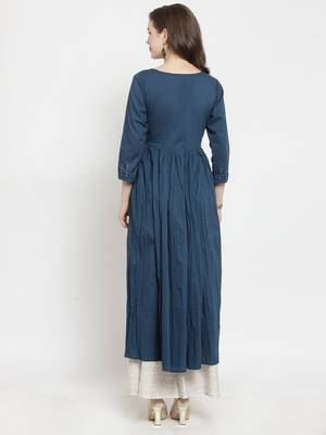 Women Teal Blue Yoke Design A Line Kurta 4