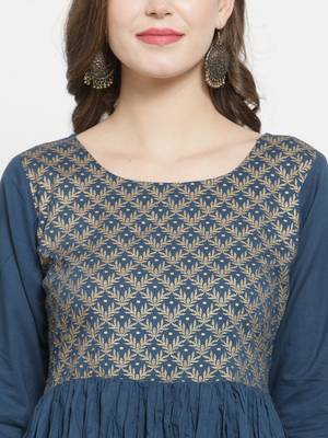 Women Teal Blue Yoke Design A Line Kurta 5