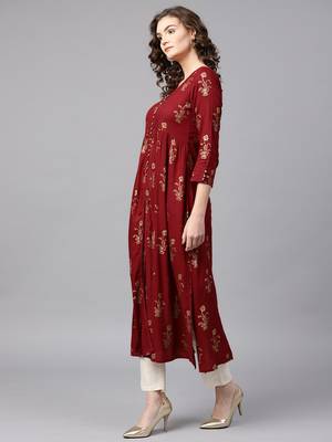 Women Maroon & Golden Printed A Line Kurta 3