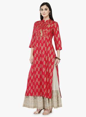 Women Coral Pink Printed Straight Kurta 1
