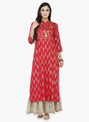 Women Coral Pink Printed Straight Kurta 2