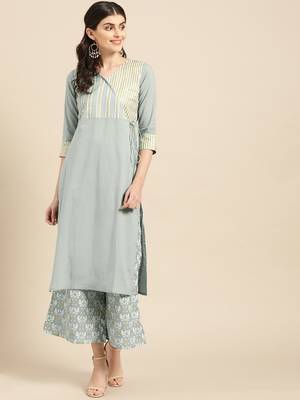 Grey Gold and White Khadi Stripe Printed Straight Kurta  With Bird Print all Over Elasticted Palazzo 1