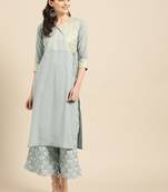 Grey Gold and White Khadi Stripe Printed Straight Kurta  With Bird Print all Over Elasticted Palazzo