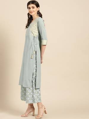 Grey Gold and White Khadi Stripe Printed Straight Kurta  With Bird Print all Over Elasticted Palazzo 2