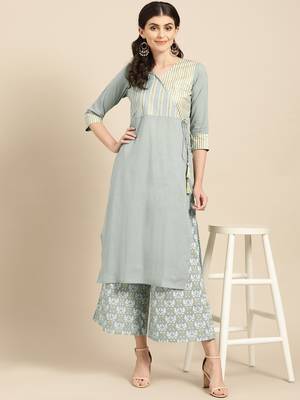 Grey Gold and White Khadi Stripe Printed Straight Kurta  With Bird Print all Over Elasticted Palazzo 3
