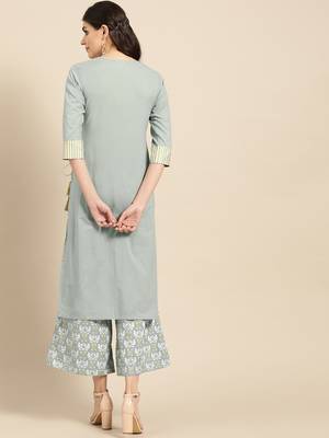 Grey Gold and White Khadi Stripe Printed Straight Kurta  With Bird Print all Over Elasticted Palazzo 4