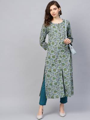 Grey & Green Printed Straight Kurta 1
