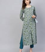 Grey & Green Printed Straight Kurta