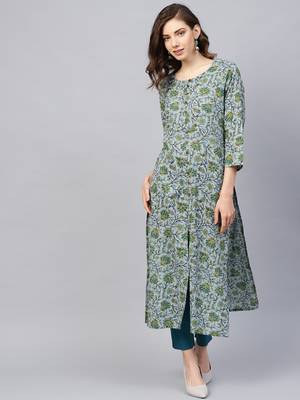 Grey & Green Printed Straight Kurta 2