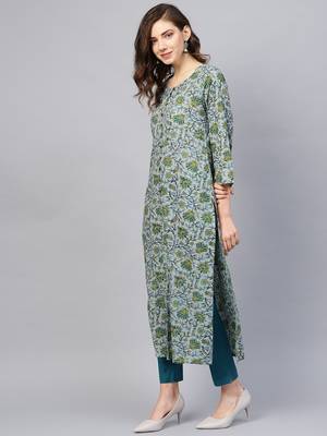 Grey & Green Printed Straight Kurta 3