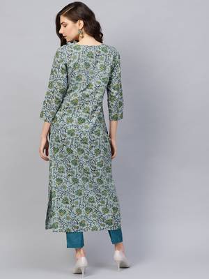 Grey & Green Printed Straight Kurta 4