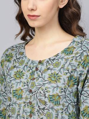 Grey & Green Printed Straight Kurta 5