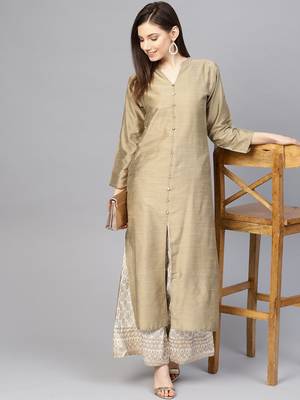 Beige Solid Silk Straight Kurta 1