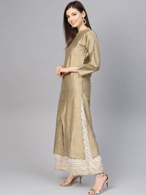 Beige Solid Silk Straight Kurta 2