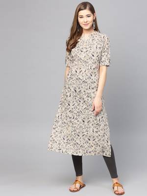 Taupe & Navy Blue Printed Straight Kurta 1