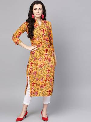 Mustard Yellow & Red Printed Straight Kurta 1