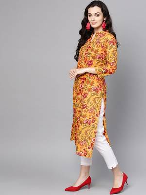 Mustard Yellow & Red Printed Straight Kurta 2