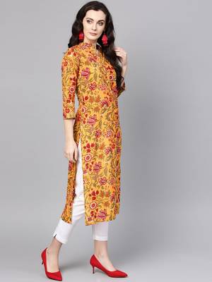 Mustard Yellow & Red Printed Straight Kurta 3