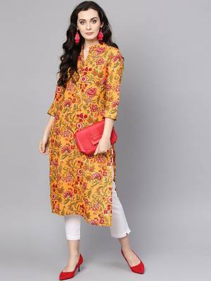 Mustard Yellow & Red Printed Straight Kurta 4