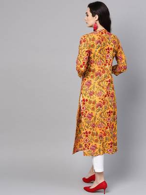 Mustard Yellow & Red Printed Straight Kurta 5