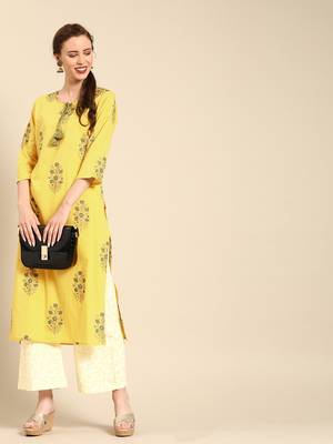 Yellow Floral Printed Straight Hand Embellished Kurta With Overall Printed Fully Elasticated Palazzo. 1
