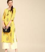 Yellow Floral Printed Straight Hand Embellished Kurta With Overall Printed Fully Elasticated Palazzo.