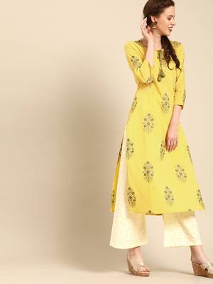 Yellow Floral Printed Straight Hand Embellished Kurta With Overall Printed Fully Elasticated Palazzo. 2