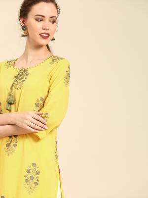 Yellow Floral Printed Straight Hand Embellished Kurta With Overall Printed Fully Elasticated Palazzo. 3