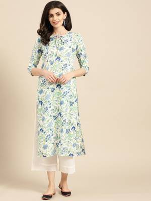 White,Blue And Green Floral Printed Straight Kurta 1
