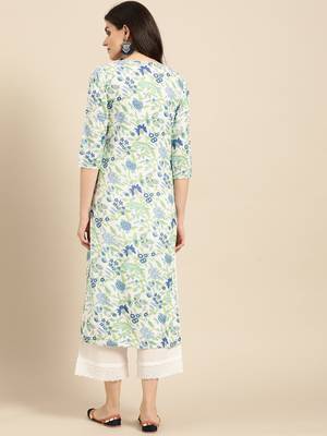 White,Blue And Green Floral Printed Straight Kurta 3