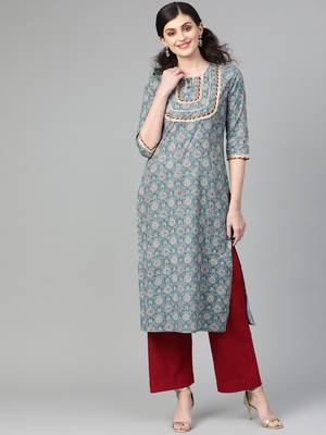 Sea Green Floral Printed Straight Kurta 1