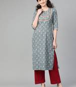 Sea Green Floral Printed Straight Kurta