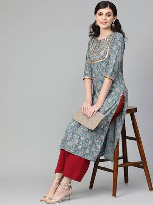 Sea Green Floral Printed Straight Kurta 2