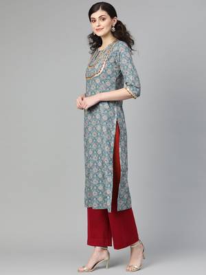 Sea Green Floral Printed Straight Kurta 3