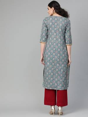 Sea Green Floral Printed Straight Kurta 4