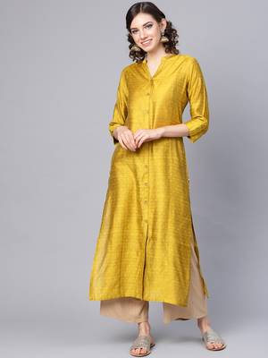 Mustard Yellow Dobby Weave Woven Design Straight Kurta 1