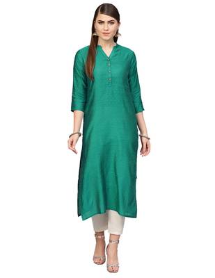 Women Green Woven Design Straight Kurta 1